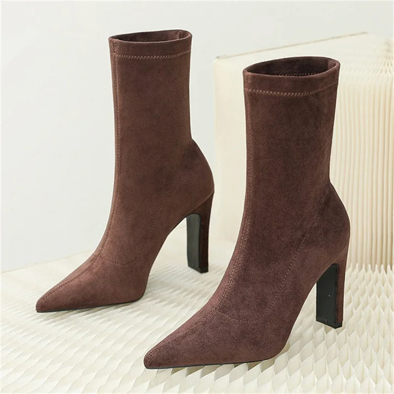 Eilyken Winter Starke Ferse Socke Flock Frauen Stiefel Spitz Ankle Booties Sexy Weibliche Schuhe Plus Größe 34-42
