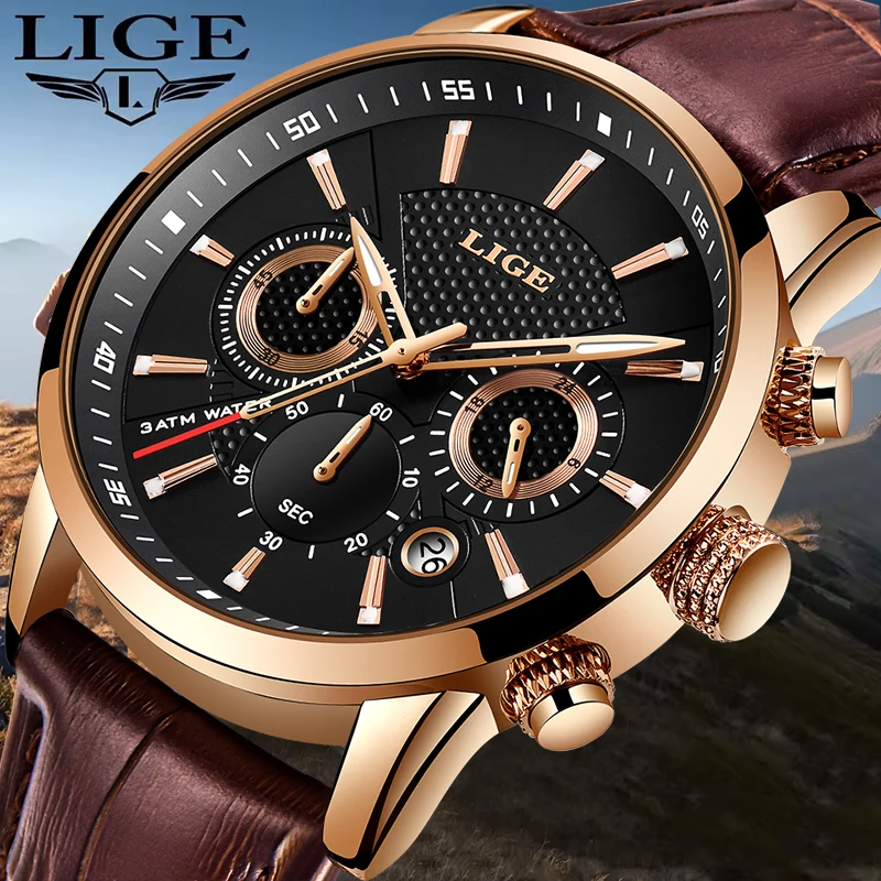 LIGE Mode Braun Leder Uhr Für Männer Casual Business Sport Männer Wasserdichte Uhren Leucht Quarz Chronograph Uhr Männlich