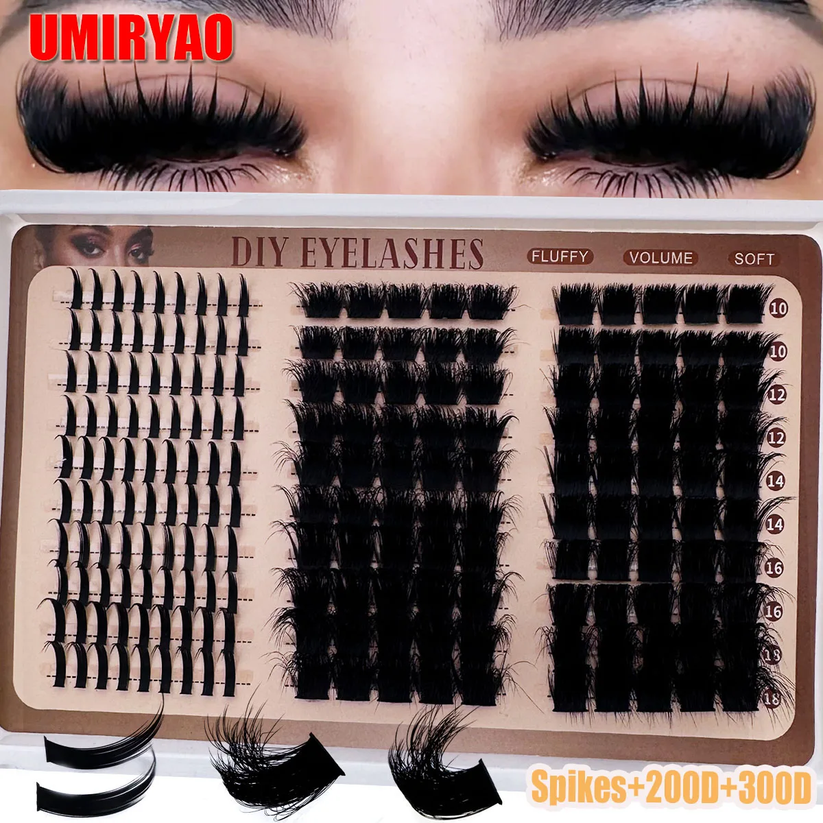 300D-60Lash-Cluster mit Spikes und unteren Wimpern, flauschiges Volumen, Manga, natürliche stachelige Cluster-Manga-Wimpern, D-Curl, einzelne Wimpern Image