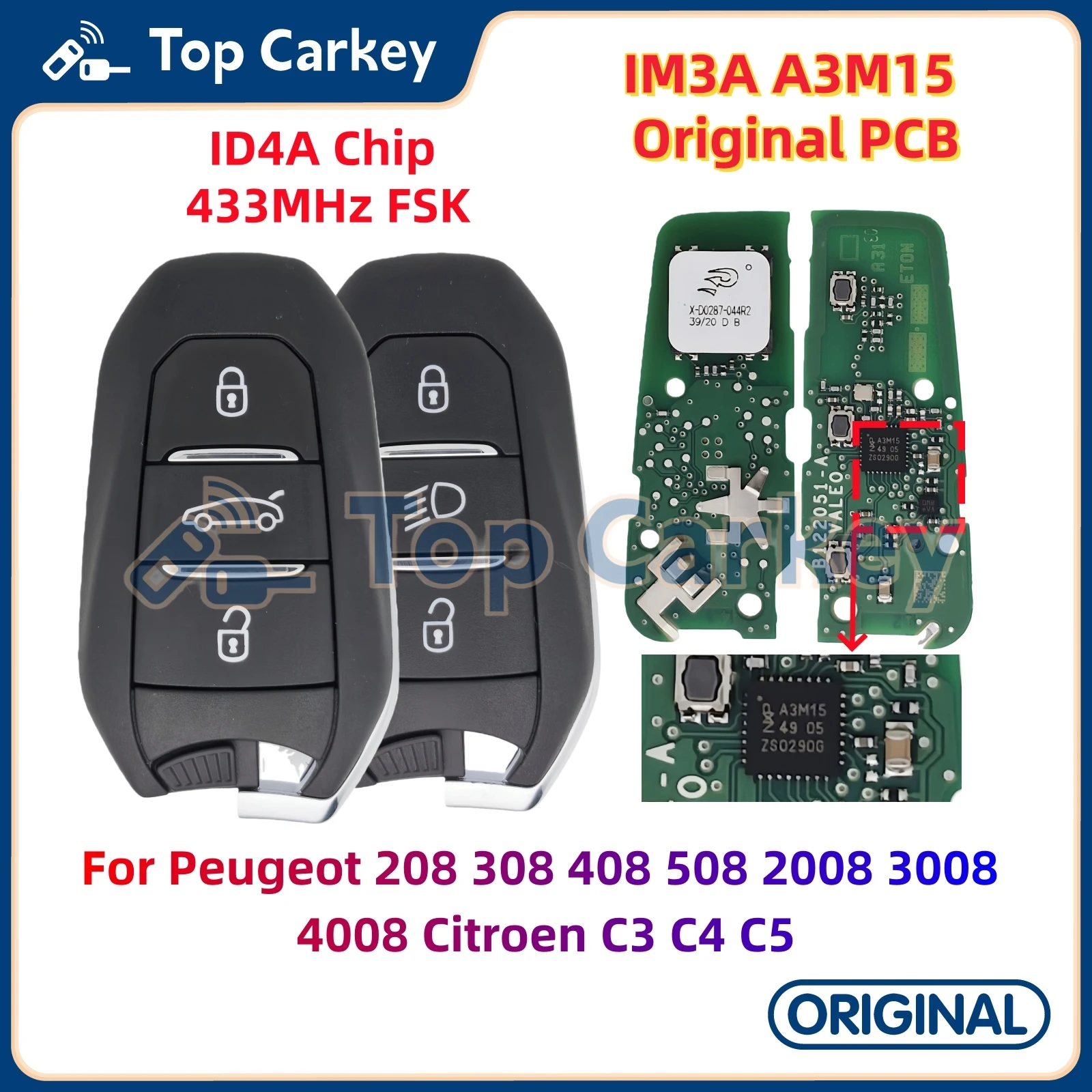 TopCarkey IM3A Original PCB Smart Remote Key A3M15 ID4A Chip 433 MHz für Citroen C3 C4 C5 Peugeot 308 408 508 2008 3008 4008 Image