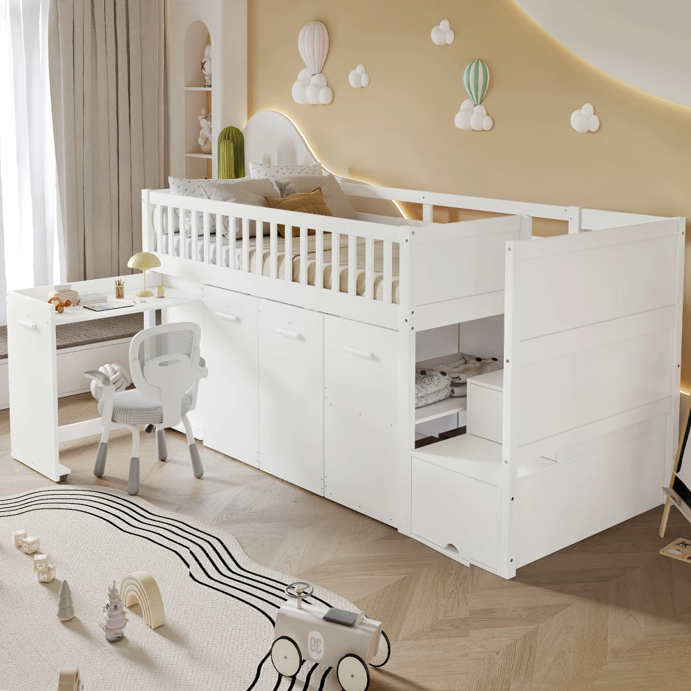 90 x 200 cm großes Etagenbett, Multifunktionsbett, Kinderbett mit Fallschirm und Gitter, mit Schreibtisch/Kleiderschrank/Schränken, 2 Schließfächer im Treppenhaus Image