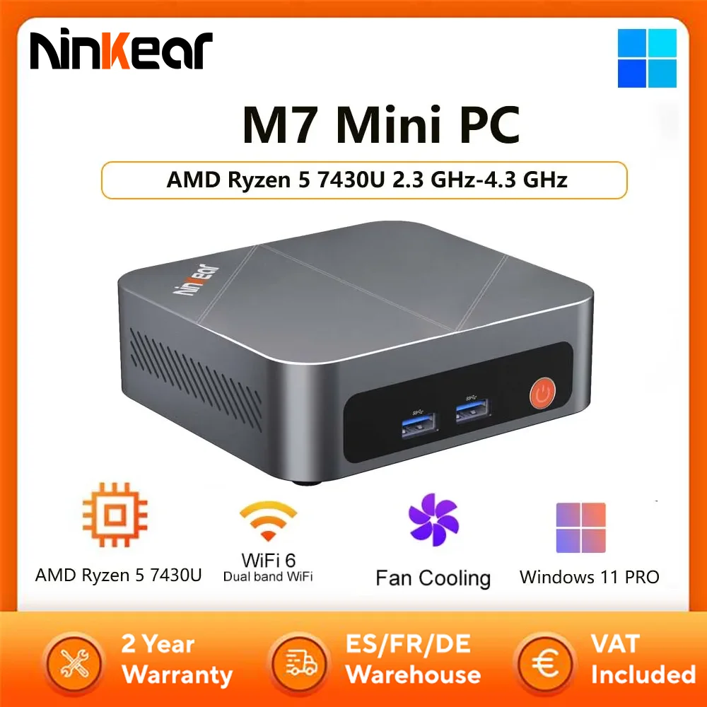Ninkear M7 Mini-PC AMD Ryzen 5 7430U 2,3 GHz-4,3 GHz Windows 11 PRO Mini-Computer 16 GB DDR4 RAM 512 GB SSD WIFI 6,0 Lüfterkühlung