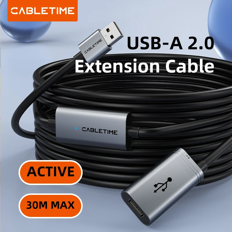 CABLETIME USB 2.0-Verlängerungskabel, 480 Mbit/s, schnelle Datenübertragung, USB-Repeater-Verlängerungskabel für Computer VR 30 m/20 m/10 m/5 m Image