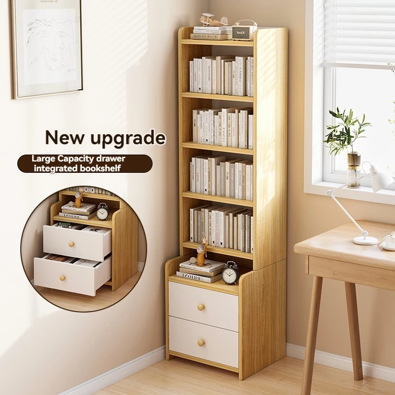 Bücherregal, modernes, einfaches, mehrschichtiges Lagerregal, Schlafzimmer mit erhöhter Nachttisch, integriertes Bücherregal mit Schublade und großem Fassungsvermögen Image