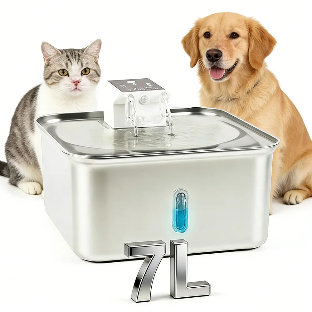 7L kabelloser Katzen-Wasserbrunnen aus Edelstahl, intelligenter Multi-Modus-Wasserspender für Haustiere, leiser Wasserspender mit Bewegungssensor