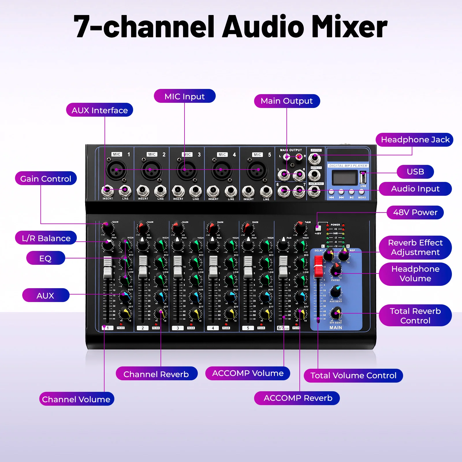 Professioneller 7-Kanal-Audiomischer mit 48-V-Phantomspeisung, USB-Schnittstelle und Effekten, tragbare Metall-Soundkonsole Image