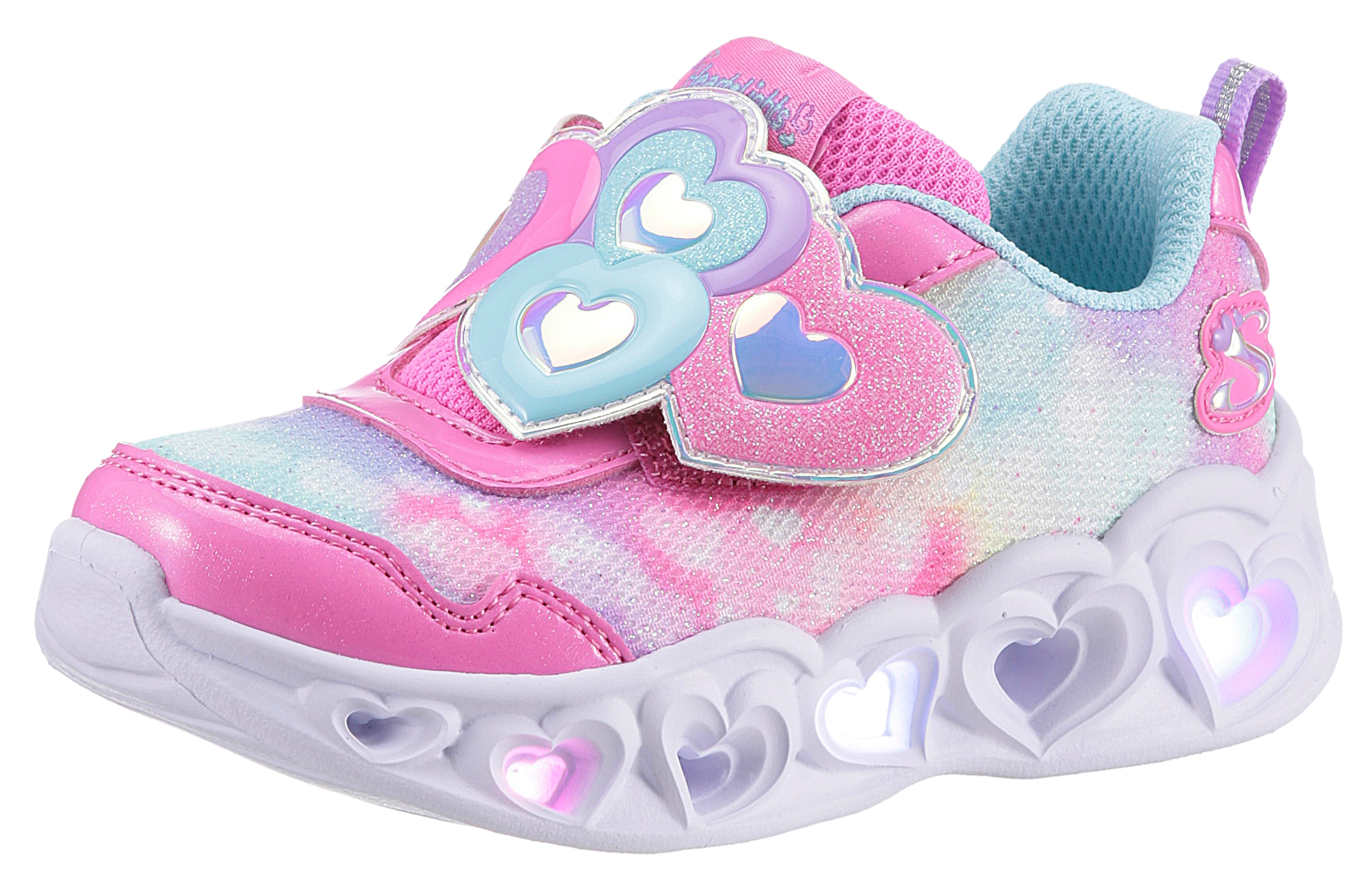 Lauflernschuh SKECHERS "Blinkschuh HEART LIGHTS - LOVIN REFLECTION", Baby, Gr. 22, rosa (rosa, mint), Lacklederimitat, Textil, Schuhe Lauflernschuh, Blink,-Klettschuh mit Herz-Applikation, Größenschablone zum Download
