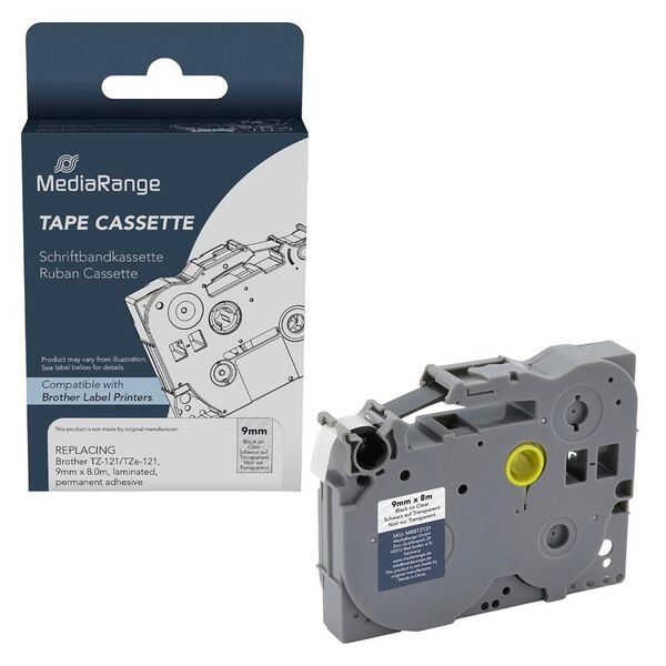 MediaRange Schriftband ersetzt brother TZe-121 schwarz auf transparent 9.0 mm x 8.0 m, 0.9 cm Image