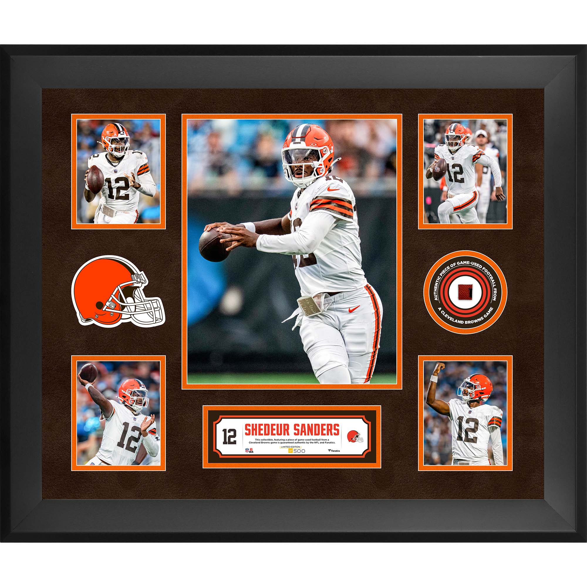 Gerahmte 5-Foto-Collage (50,8 x 61 cm) von Shedeur Sanders (Cleveland Browns) mit einem Stück eines im Spiel verwendeten Footballs – Limitierte Auflage von 500 Stück Image