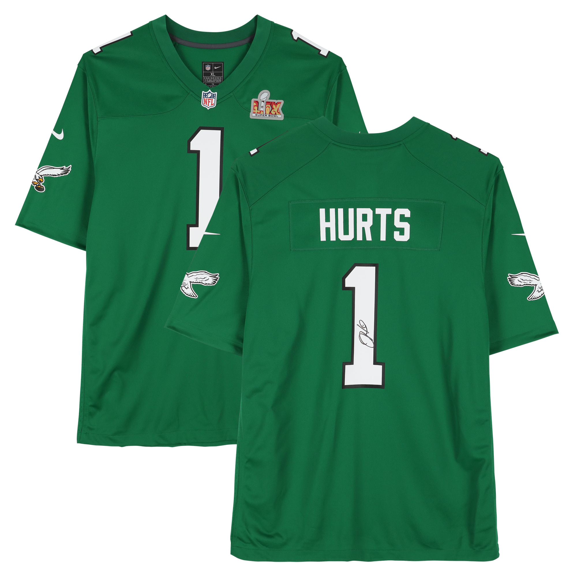 Jalen Hurts Philadelphia Eagles signiertes Kelly Green Nike Super Bowl LIX Patch Game Jersey Image