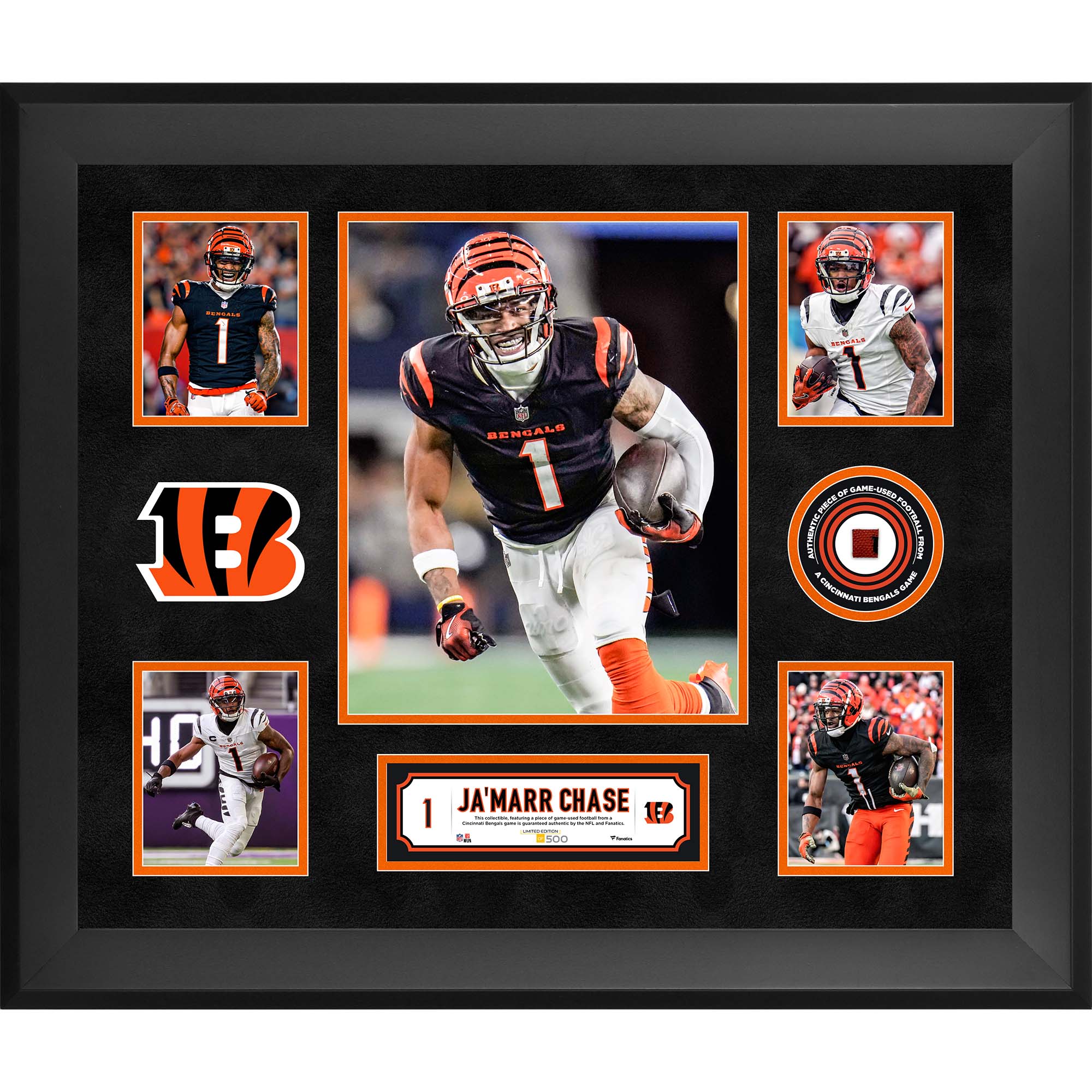 Ja'Marr Chase Cincinnati Bengals Gerahmte 5-Foto-Collage (50,8 x 61 cm) mit einem Stück eines im Spiel verwendeten Footballs – Limitierte Auflage von 500 Stück Image
