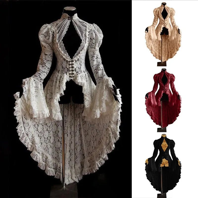 Abito da donna in pizzo gotico vittoriano rinascimentale medievale elegante abito da ballo vintage sexy coda lunga costume cosplay festa di Halloween