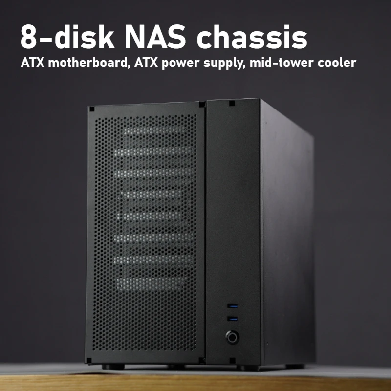 NAS-Chassis mit 8 Laufwerken, ATX, schwarz, Synology Flying Bull, Aufbewahrungsgehäuse für Festplatten, ATX-Netzteil, Mid-Tower-Kühler Image
