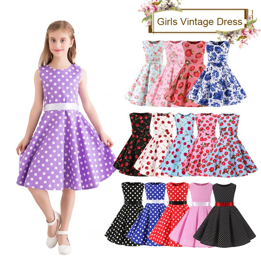 Mädchen Vintage Kleid Sommer ärmellose Polka Dot A-Linie Rockabilly Blumen druck Prinzessin Kleider für Party besonderen Anlass