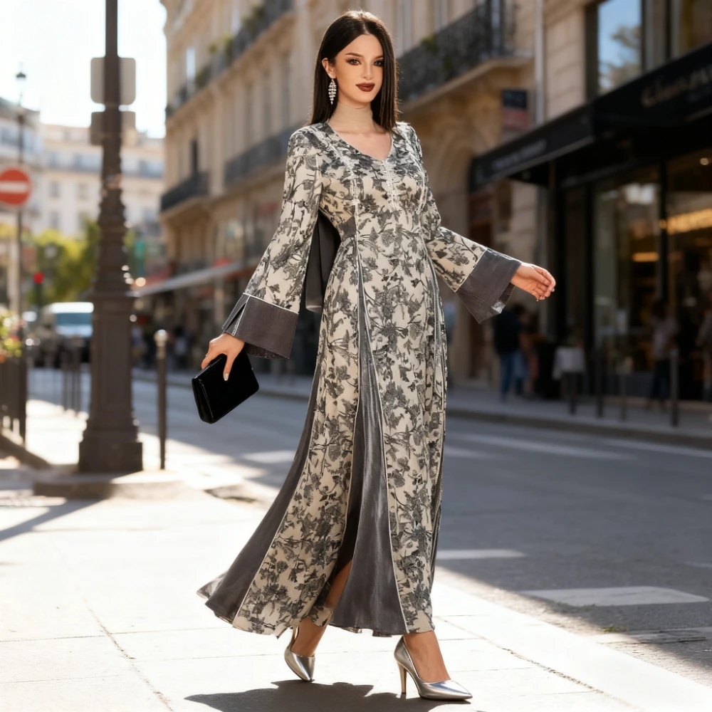 Frauen Eid Print Kleider Abayas Muslimischen Dubai Ramadan Marokko Spitze Up Jalabiya Patchwork Islam Vestidos Arabischen Lange Robe Kaftan Image