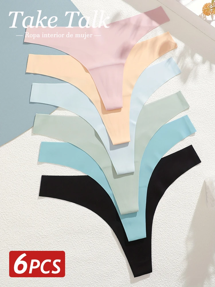 6 Stück Eisseide Nahtlose Tangas für Damen Sexy V-Taille G-String Bikini Weiche Atmungsaktive Unterwäsche Damen-Lingerie Image