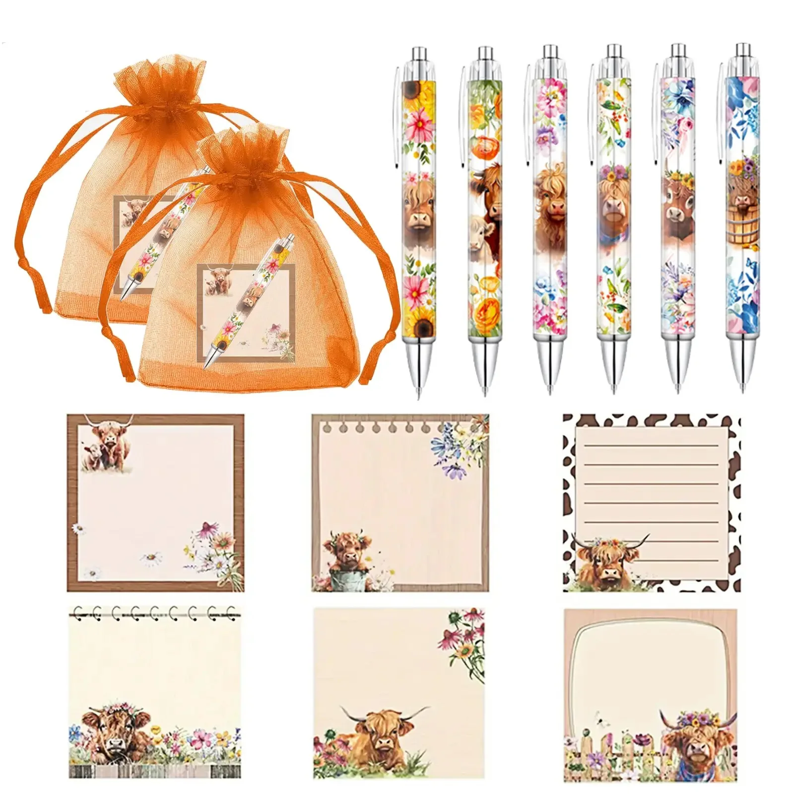 18 Highland Cow Sets, jeweils mit 6 Haftnotizen, 6 Stiften und 6 Netzbeuteln – das perfekte Weihnachtsgeschenk für Kuhbegeisterte. Image