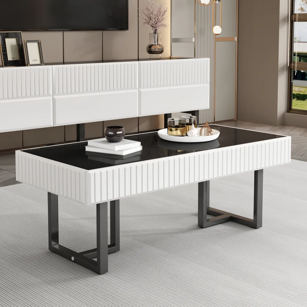 Combinaison table basse et meuble TV moderne et minimaliste, ensemble de meubles de rangement à rayures noires et blanches