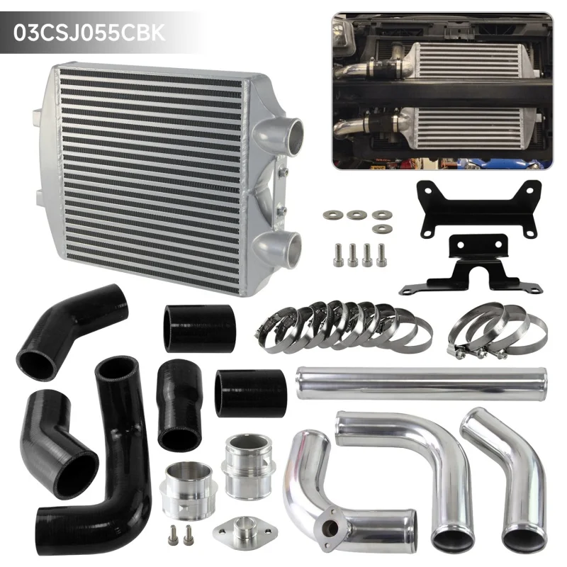 Verbesserter, vorne montierter silberner Ladeluftkühler + schwarzes/blaues/rotes Rohr-Set für Skoda Fabia Seat VRS 1.9 PD130 Mk4 VW Polo GTI 1.8T TDI Image