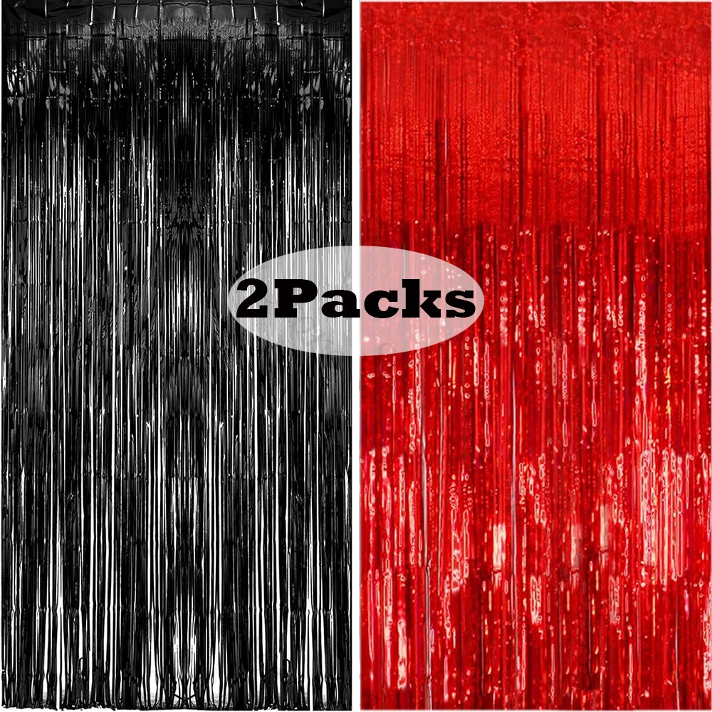 2 Packungen 1 x 2 m rot-schwarz-Folienvorhang-Hintergrund, schwarz-rotes Lametta, Party-Streamer-Vorhänge, Hochzeit, Brautparty, Geburtstagsdekoration Image