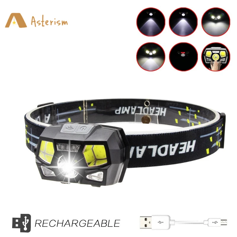 USB wiederaufladbare Stirnlampe, Taschenlampe, 800 Lumen, helle LED-Stirnlampe, rotes Licht, Bewegungsmelder, Stirnlampe, Angeln, Wandern, Laufen