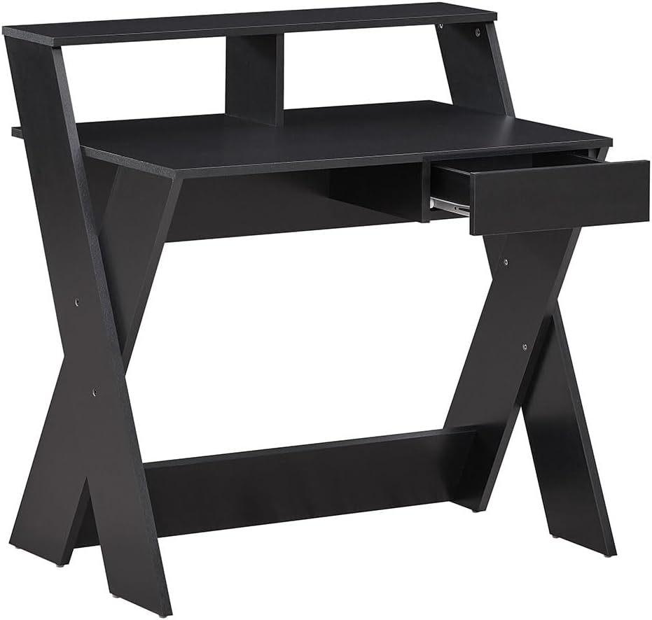 COSTWAY Computertisch mit Schublade, Schreibtisch mit Monitorerhöhung, Arbeitstisch in X-Form aus Holz für kleine Räume, Zuhause und Büro Image