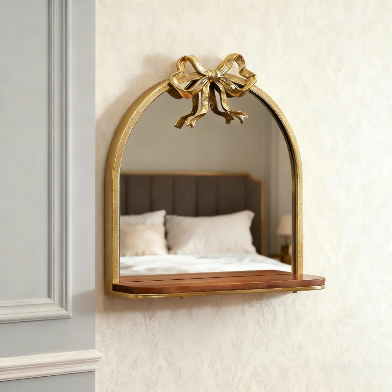 Vintage gewölbter Goldspiegel, antike Waschtisch-Wandspiegel mit Ablagefach, barocke verzierte Schleife, Dekor für Wohnzimmer, Badezimmer
