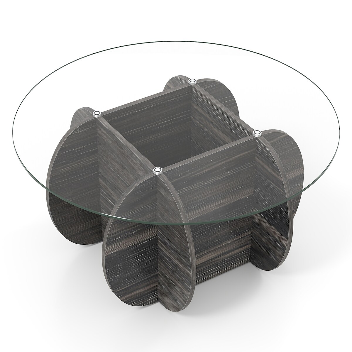 COSTWAY Runder Couchtisch, Durchmesser 89 cm, Sofatisch mit Platte aus gehärtetem Glas und Untergestell aus Massivholz, schwarz Image