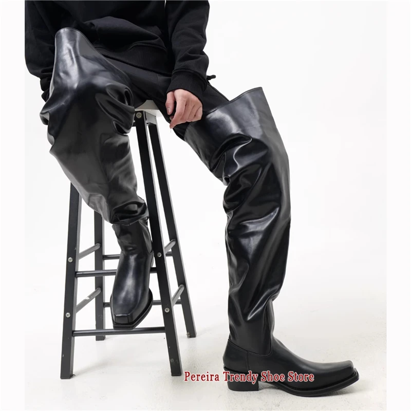 Herbst Winter Neue Umgedrehte Zehen Overknee-Stiefel für Männer Frauen Markendesign Schwarzes Leder Karree Slip-On Ritterstiefel