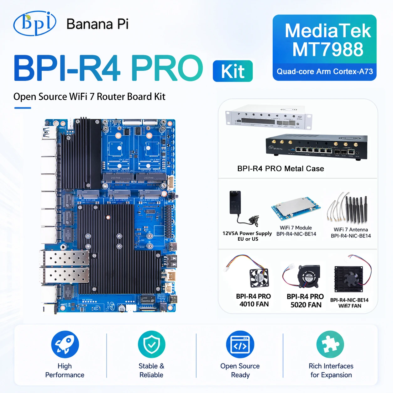 Banana Pi BPI-R4 PRO 4E 4GB Router-Board-Kit mit Gehäuse, Netzteil und Lüfter, MediaTek MT7988A Quad-Core Cortex-A7, 4GB DDR4 8GB eMMC