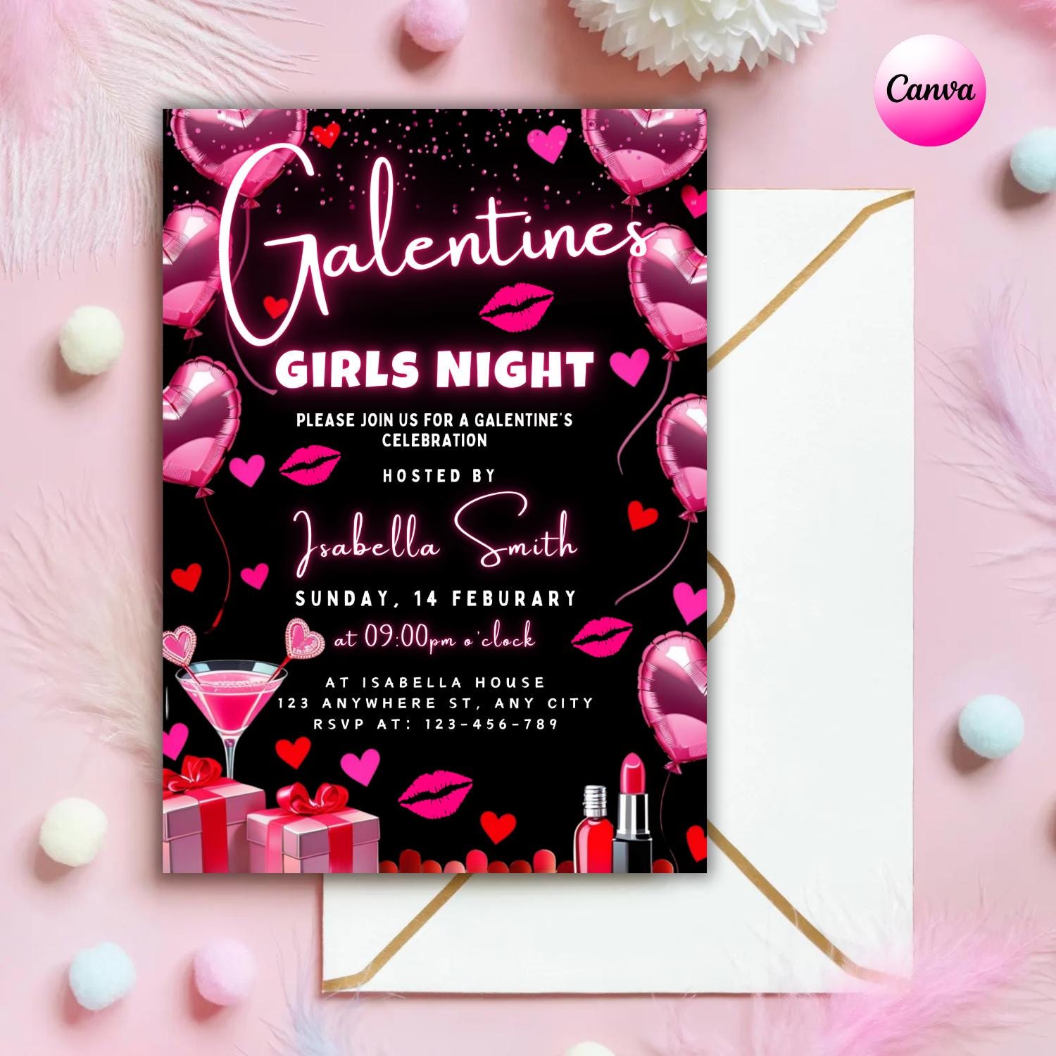 Invito per la serata tra ragazze di San Valentino, invito per la cena di San Valentino tra amiche, invito digitale per San Valentino, invito elettroni