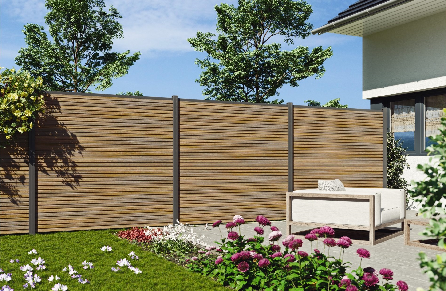 Sichtschutzelement TETZNER & JENTZSCH "WARREN 3", braun (teakbraun), H:180cm, Aluminium, WPC (Holz-Kunststoff-Komposit), Zaunelemente, pflegeleicht, coextrudierte Oberfläche, Design-Oberfläche