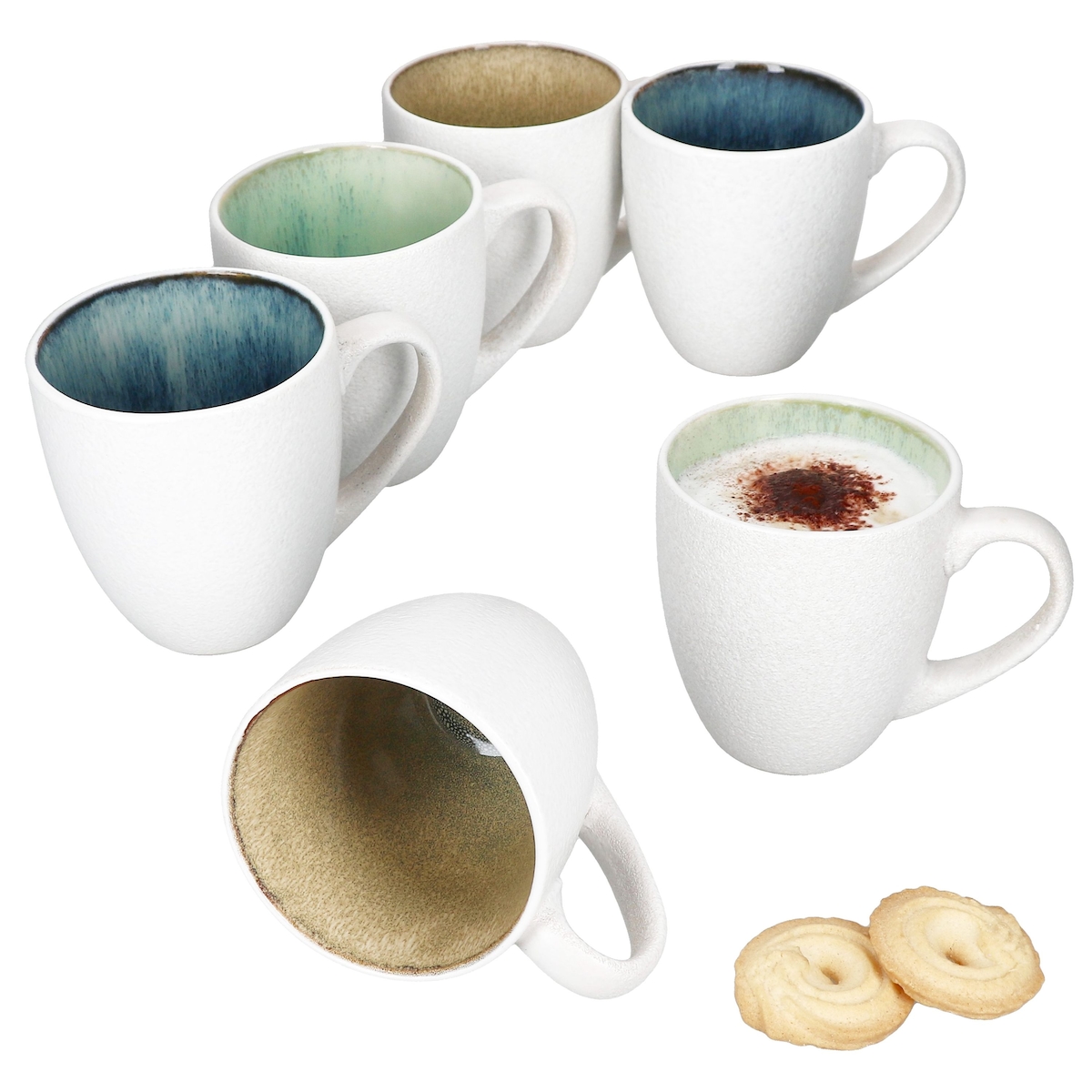 PAXOS 6er Set Kaffeebecher 180ml Steingut weiß blau grün beige Teetasse Geschirr