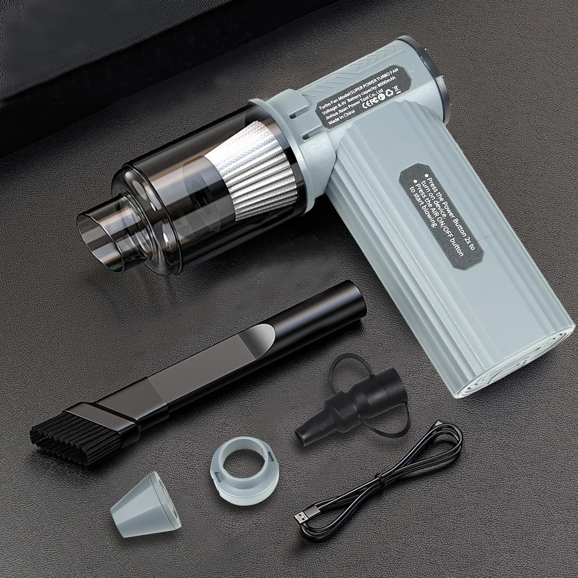 8,4 V kleiner Haartrockner, Hochgeschwindigkeits-Haartrockner, USB-Ladeanschluss, integrierter Staubsauger, geeignet für die Innen- und Autoreinigung Image