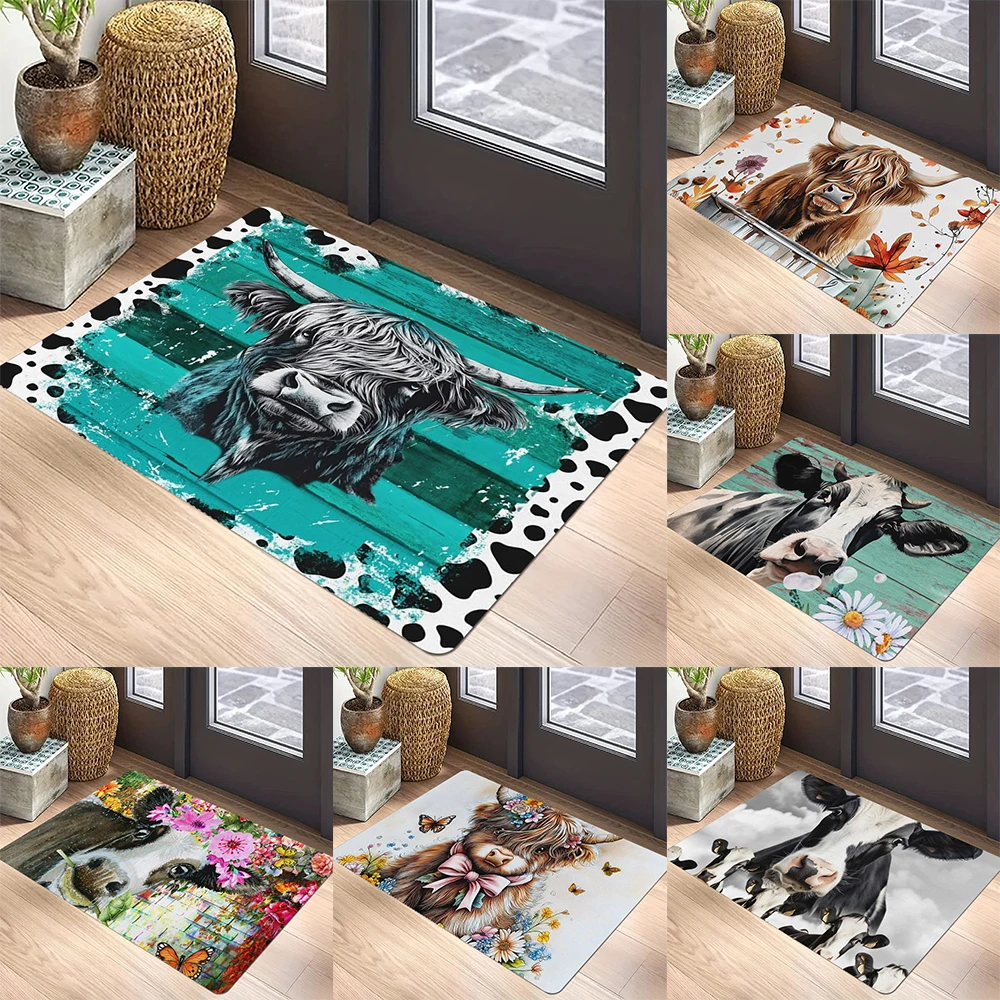 Floral Highland Cow Doormat Anti-slip Carpet for Kitchen Living Room Machine Floor Mat Washable Rug