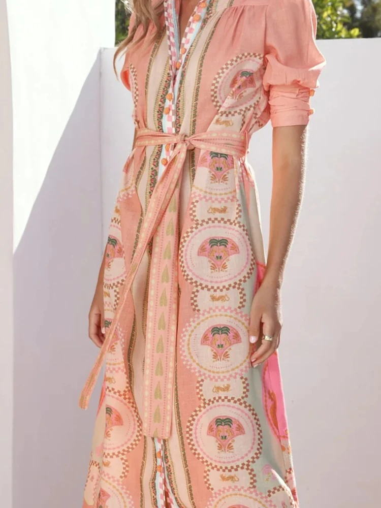 Neue Sommer Kurzarm Lace Up Bohemian Kleid Urlaub Revers Casual Lange Kleider Muster Gedruckt Einreiher frauen Kleid Image