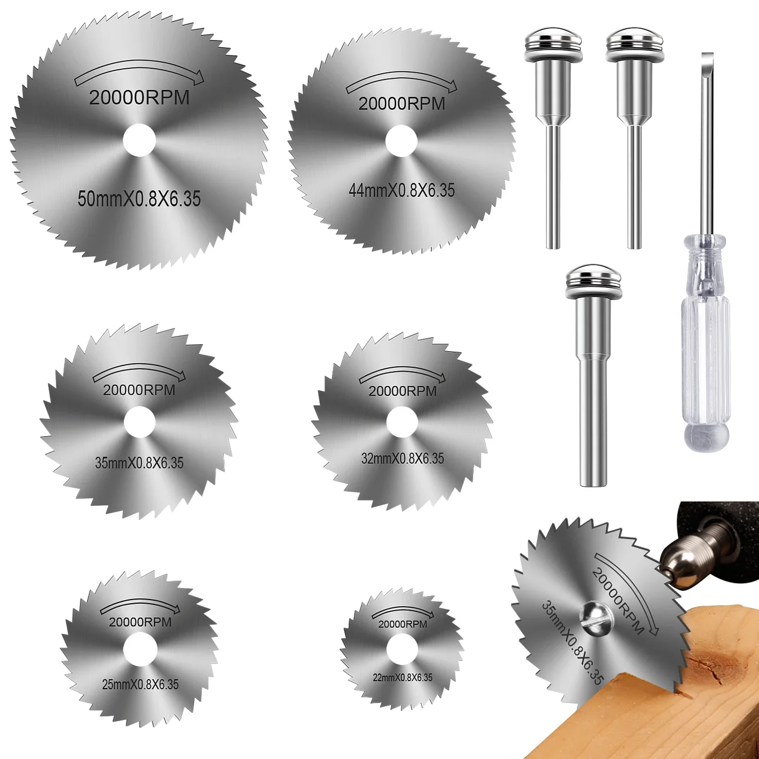 6-teilige HSS-Schneidräder für Dremel – Sägeblätter-Set mit 1/8 Zoll und 1/4 Zoll Schaftdornen, Schraubendreher – zum Schneiden von Holz, Kunststoff, Aluminium Image