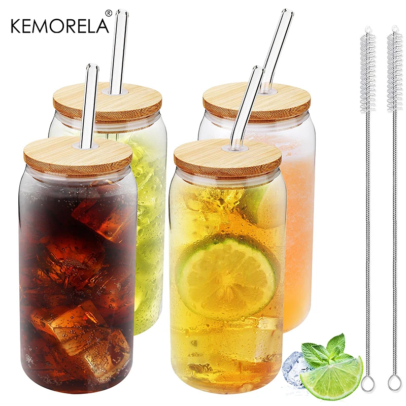 1/2/4 Stück Glasbecher in Dosenform, 17 Unzen, mit Bambusdeckel und Strohhalmen, Eiskaffee-Bier-Trinkgläser, ideal für Bubble Tea Juice Image