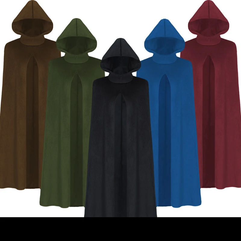 Blauer Herbst/Winter-Umhang aus Wildlederimitat mit Kapuze für Männer und Frauen, burgunderroter Halloween-Zauberer-Umhang, mittelalterlicher Sensenmann-Umhang, Unisex Image