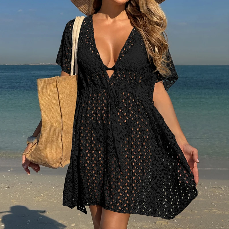 Neue Stil Aushöhlen Gestrickte Bikini Cover Up frauen Strand Urlaub Sonnenbaden Sonnenschutz Kleid Mode Lässig Strap Kleid Image