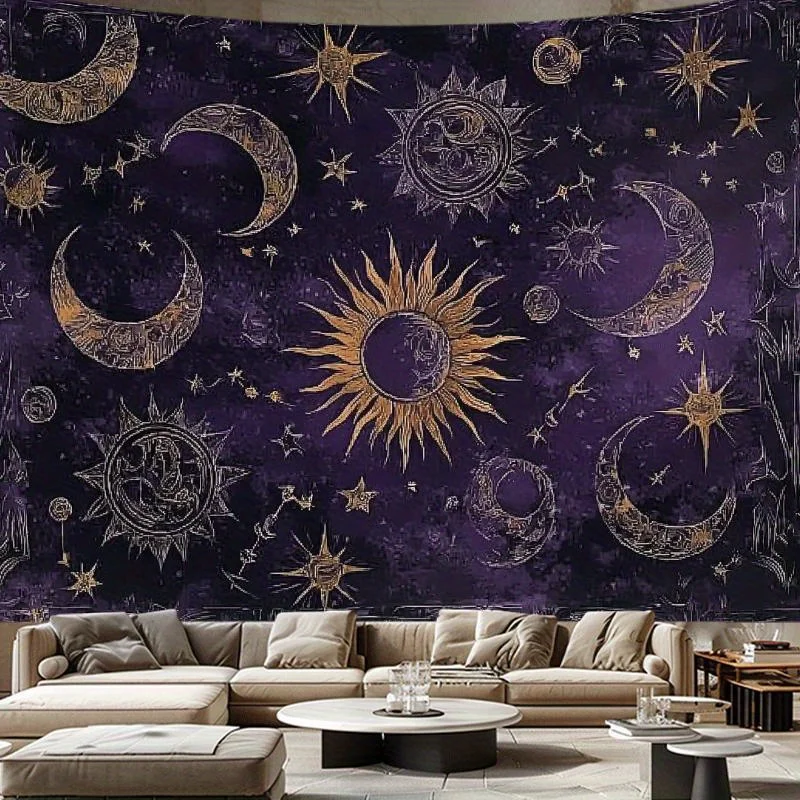 VIKAMA Cosmic Starry Sky Wandteppich, vergoldeter Stern und Mond, himmlisches Wandbild, Wohnzimmer und Schlafzimmer, Sofa, Hintergrund, Wand, Raumdekoration Image