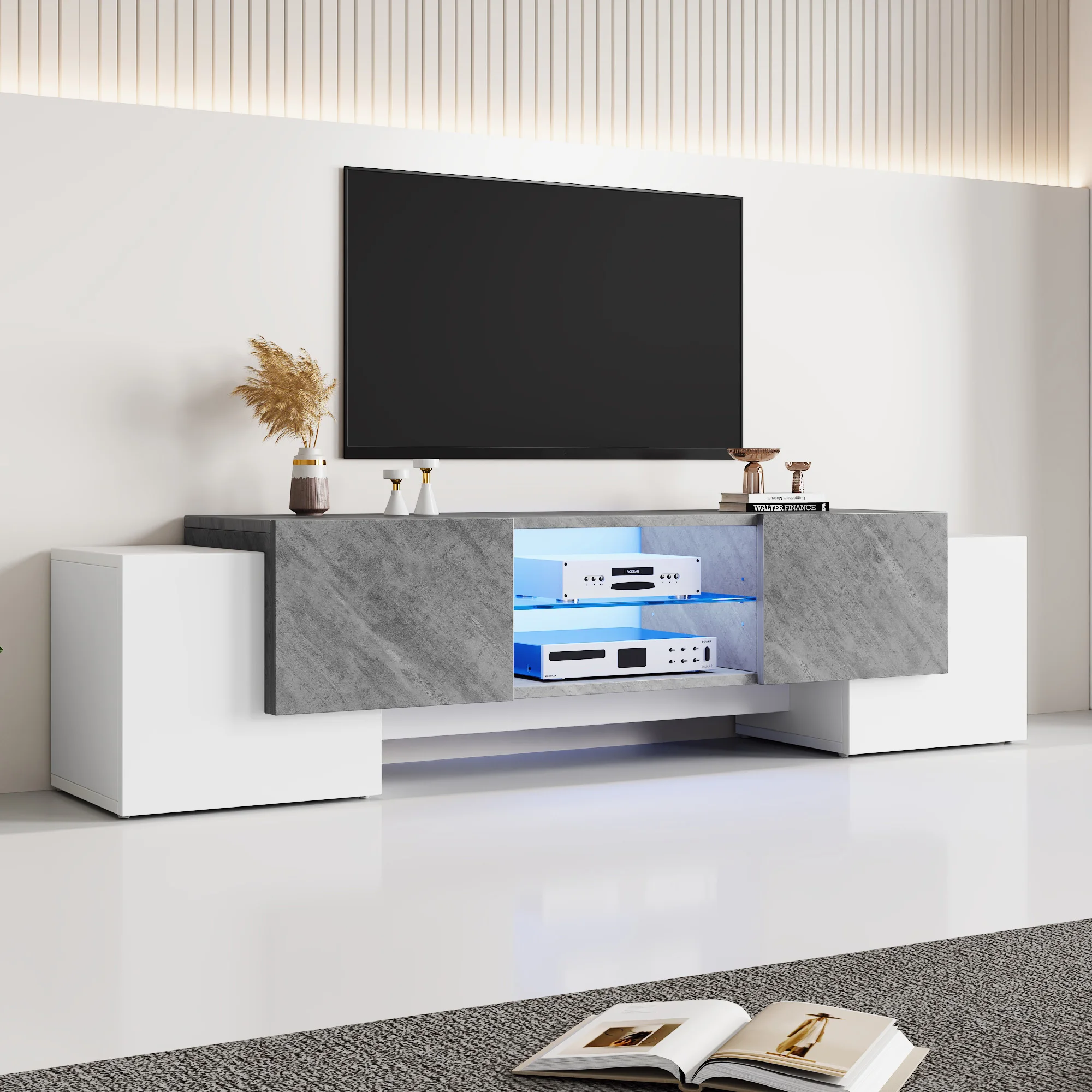 Meuble TV simple blanc et gris 180x40x46,5 cm, meuble TV lowboard adapté aux armoires TV de salon avec téléviseurs 60/65/70 pouces