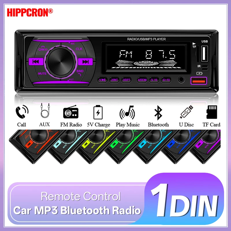 Hippcron 1 Din Auto-MP3-Player, Radio, Autoradio, Bluetooth, FM, TF, AUX, Freisprecheinrichtung, Farbe, Multimedia, Audio, Stereo für Fahrzeug im Armaturenbrett Image