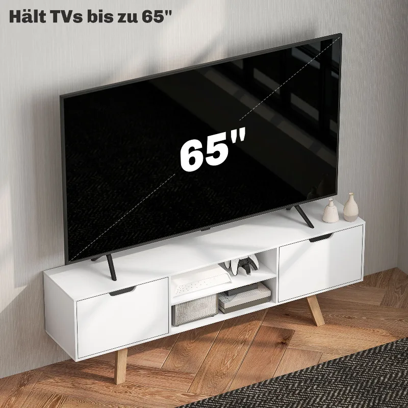 Meuble TV, meuble TV pour téléviseurs jusqu'à 65 pouces, meuble bas avec 2 armoires et 2 étagères, meuble TV pour salon, 150x39x50cm, blanc
