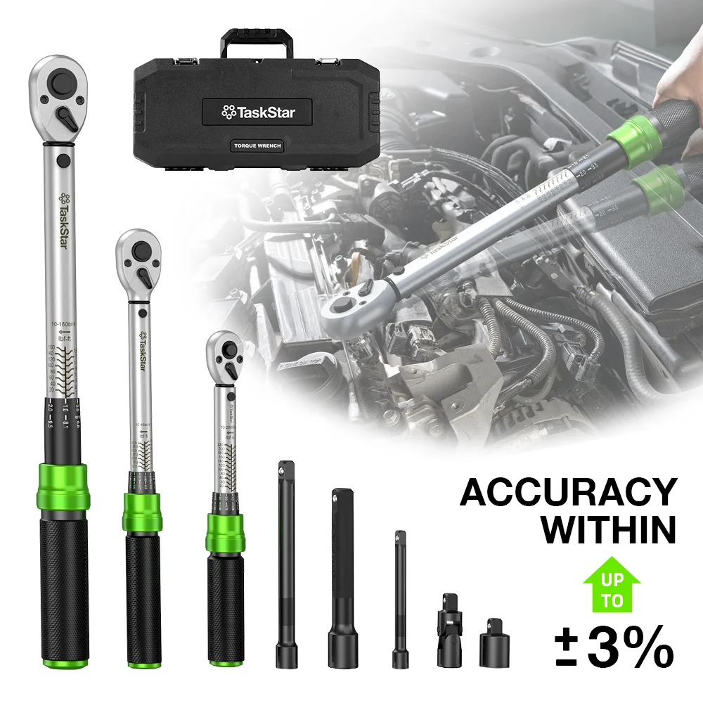 TaskStar Drehmomentschlüssel-Set, 8-teilig, robust, komplett, professionelle Neuheit, Steckschlüsselsätze, 3 % Genauigkeit, 10–27 Nm, für Auto, Motorrad, Fahrrad