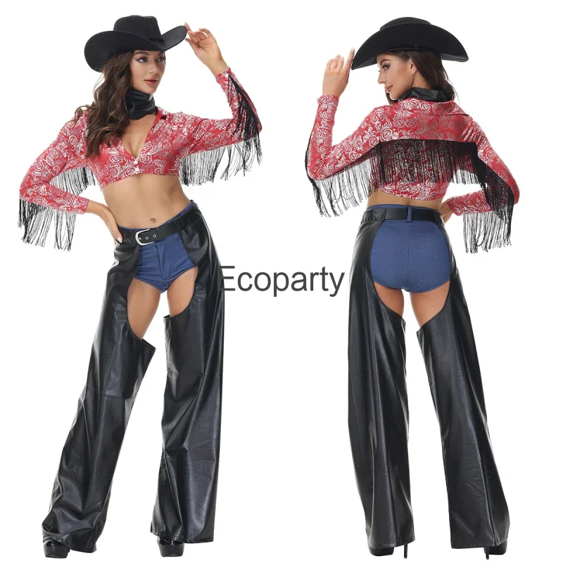Neue Frauen Western Cowboy Cosplay Kostüm Sexy Tiefem V Quaste Crop Tops Pu Hohl Hosen Halloween Purim Karneval Party Outfits