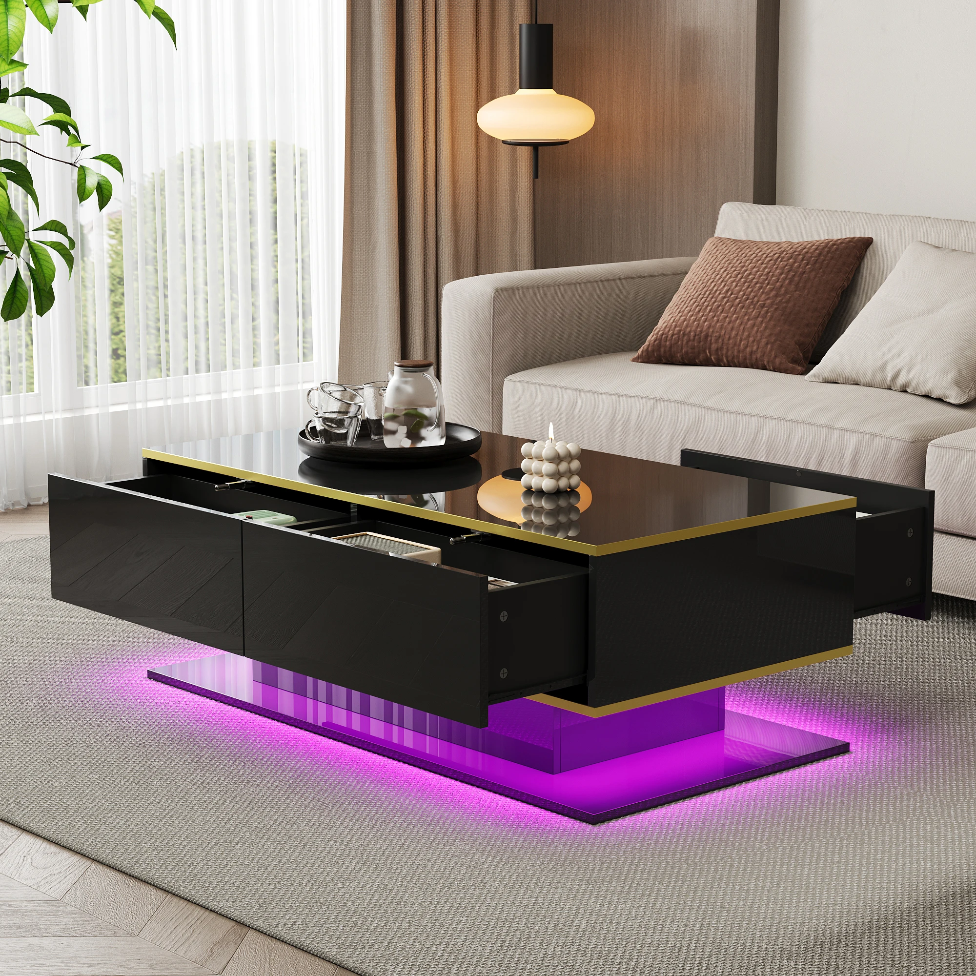 Moderner LED-Couchtisch mit Hochglanz-Finish, 100 cm lang, 3 Schubladen und USB-LED-Lichtleiste (Adapter/Powerbank erforderlich)