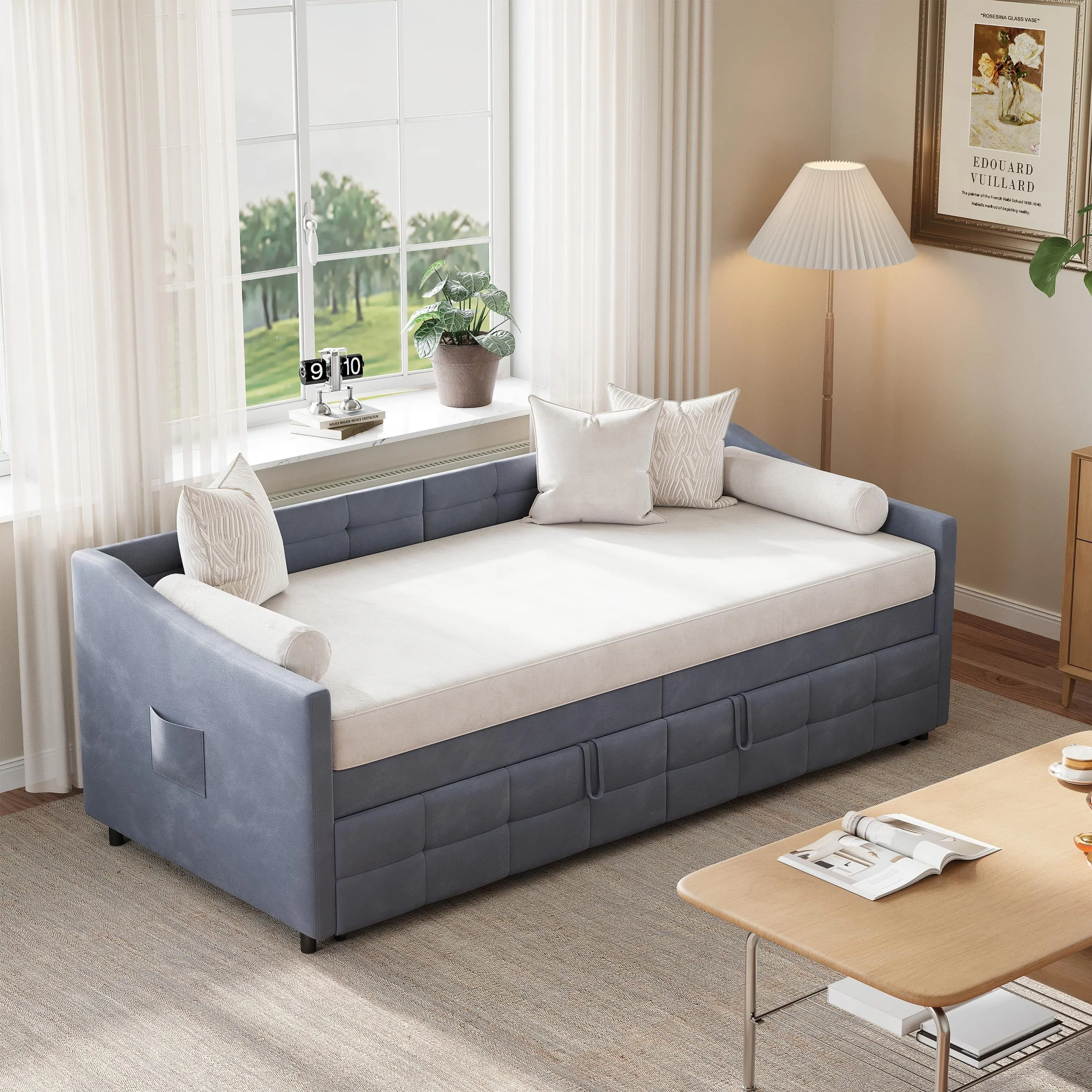 Rosahqnda Schlafsofa, Tagesbett, 90 x 200 cm, Einzelbett, Gästebett, Jugendbettgestell mit Lattenrost, aus Holz, Samt, ohne Matratze Image