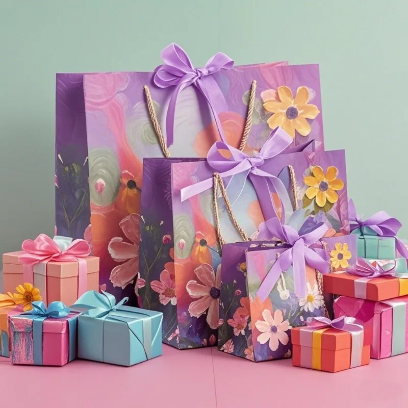 Lila Blumen-Geschenktüten – Elegante, mit Blumenmuster bedruckte Geschenktüten für Hochzeit, Geburtstag, Party, Babyparty, Urlaubszubehör