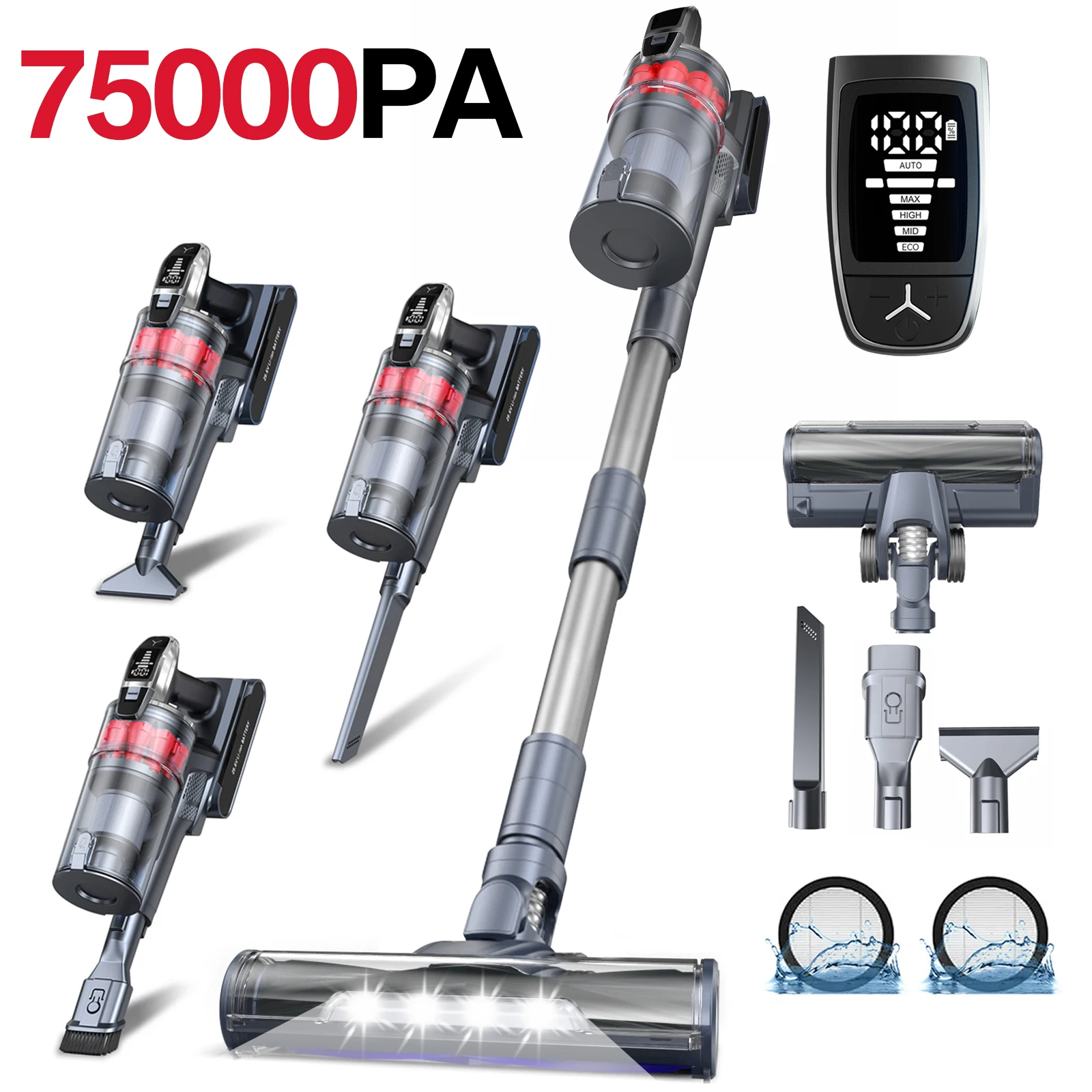 Grenintol Akku-Staubsauger, 500 W/75 kPa, 60 Minuten, waschbare Filter, 6-stufige Hocheffizienz, für Zuhause/Küche/Auto/Tierhaare Image